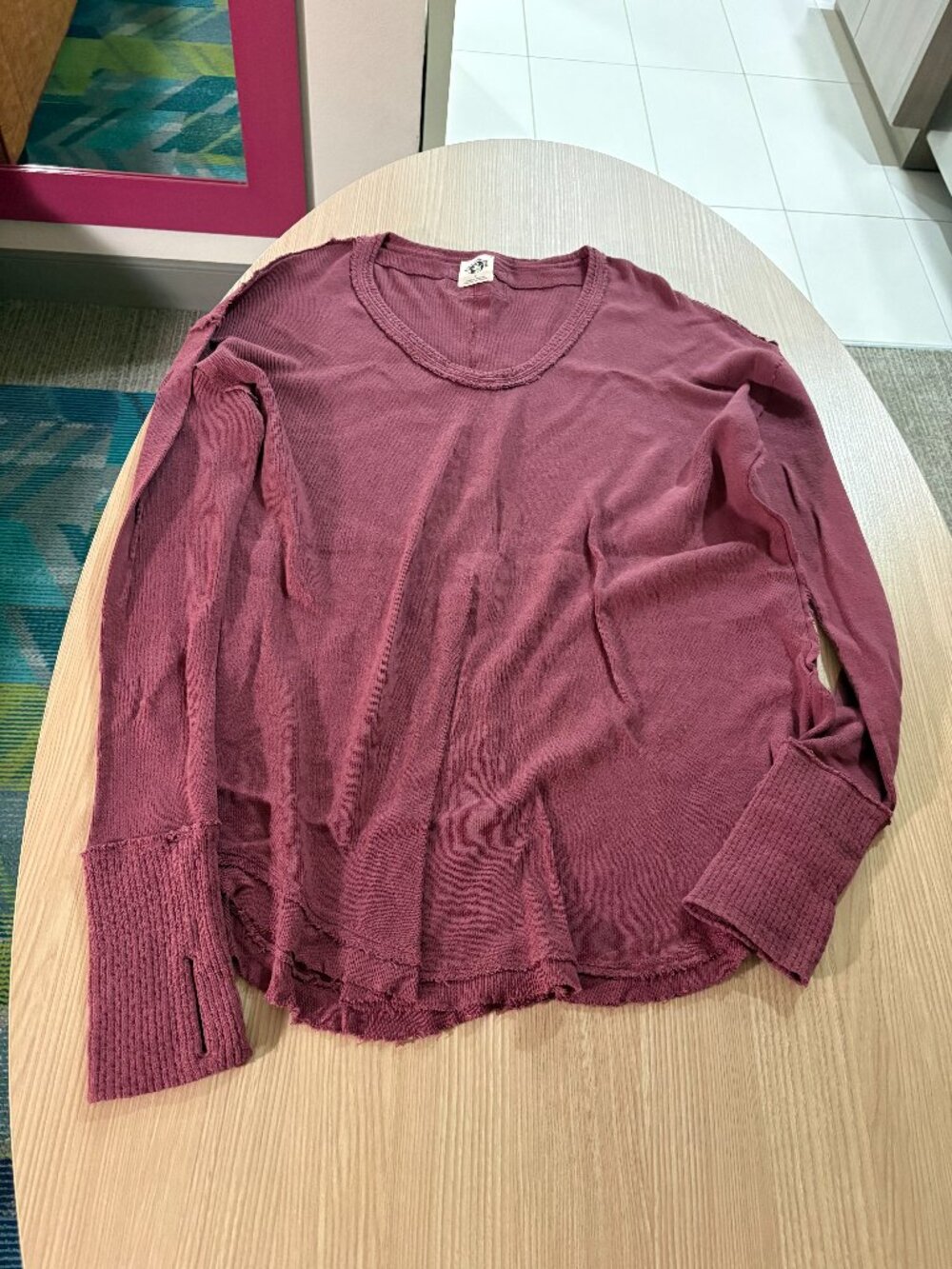 We The Free Long Sleeve Top Medium Maroon Thumbholes Deep Scoop Neck Cotton